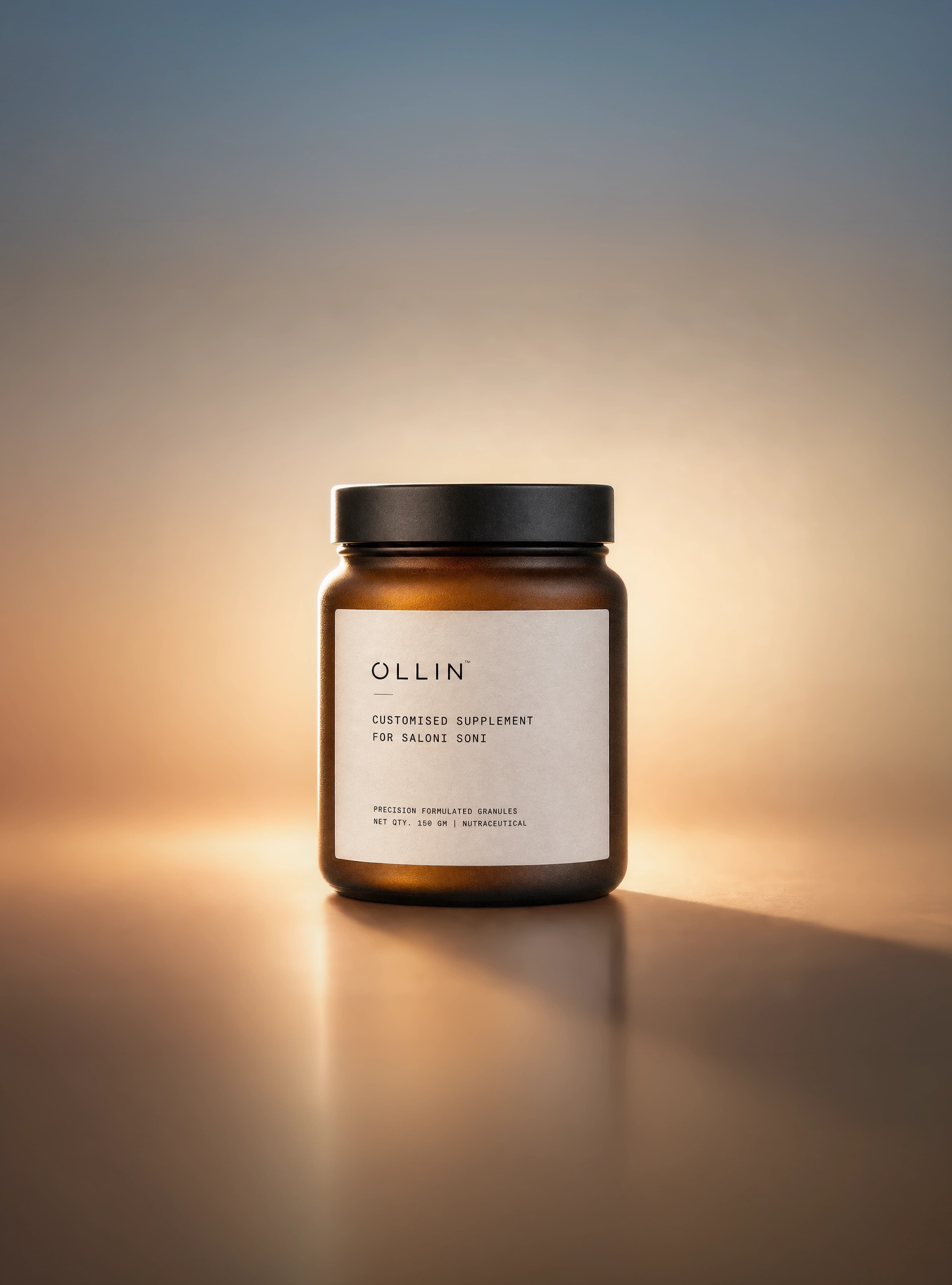 Ollin customised supplement jar on a studio pedestal