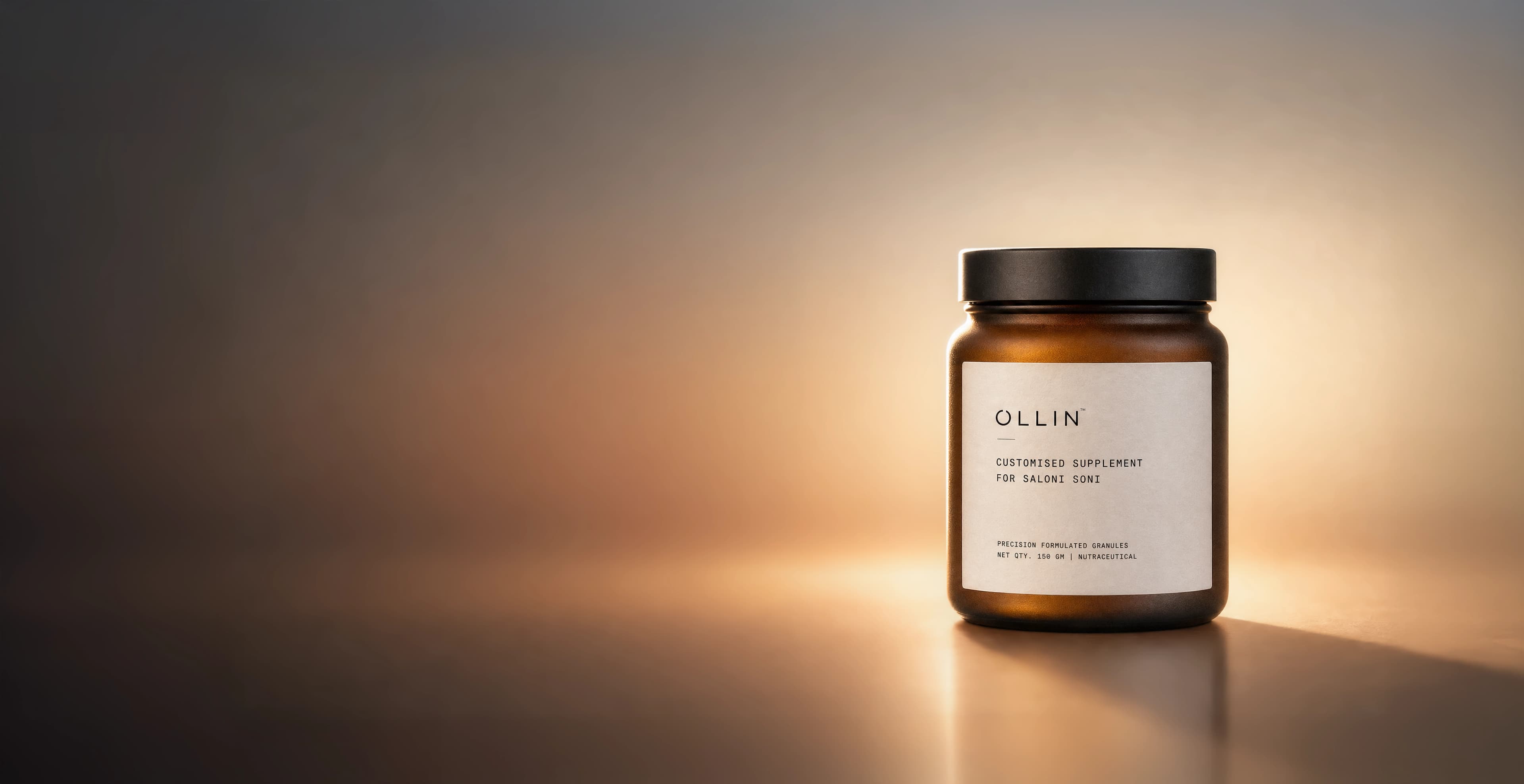 Ollin customised supplement jar on a studio pedestal