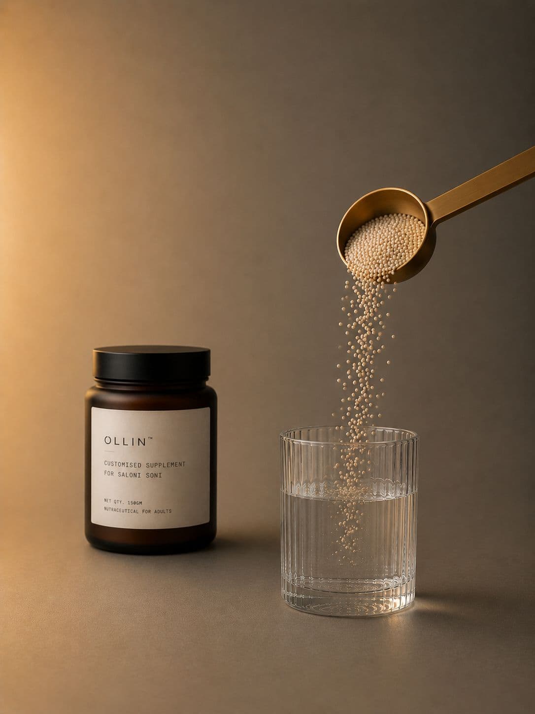 A scoop of Ollin granules poured into a glass of water