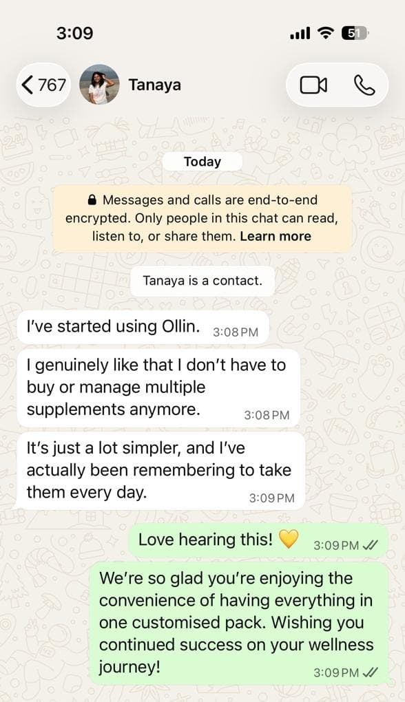 WhatsApp conversation with Tanaya about switching to one customised pack