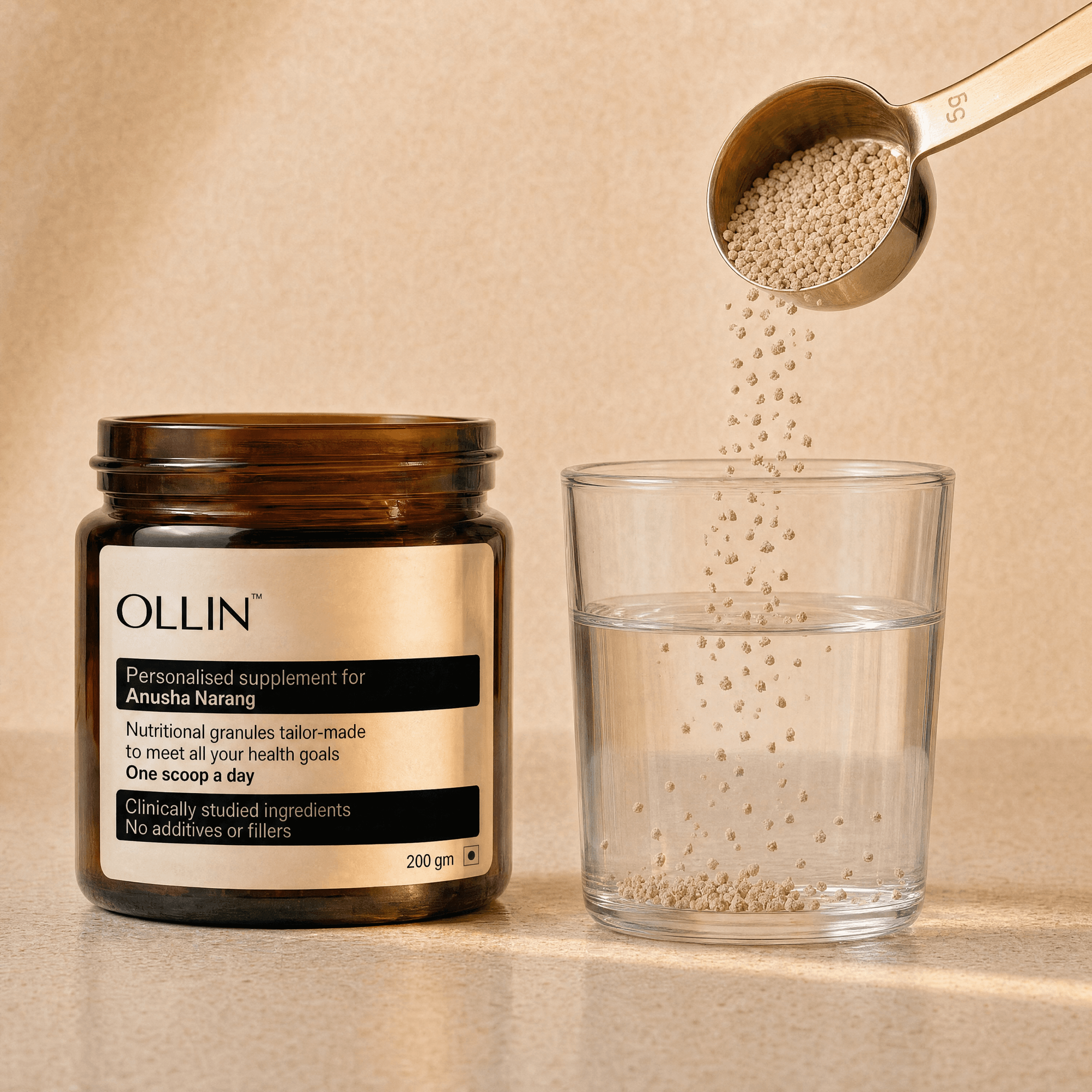 Ollin personalised supplement granules in a jar